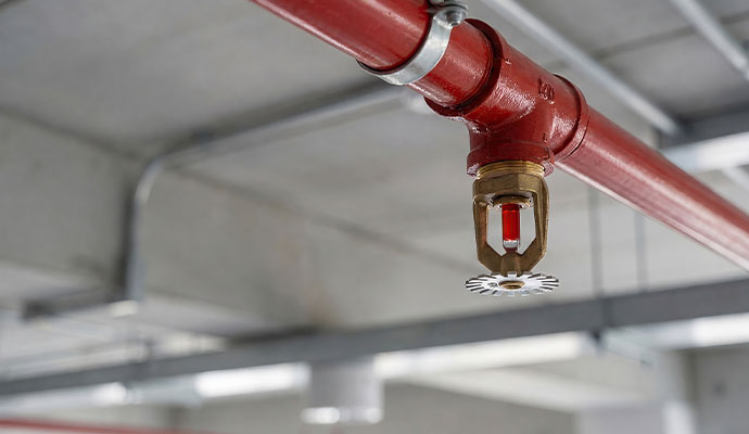 Brass fire sprinkler with red bulb on red pipe