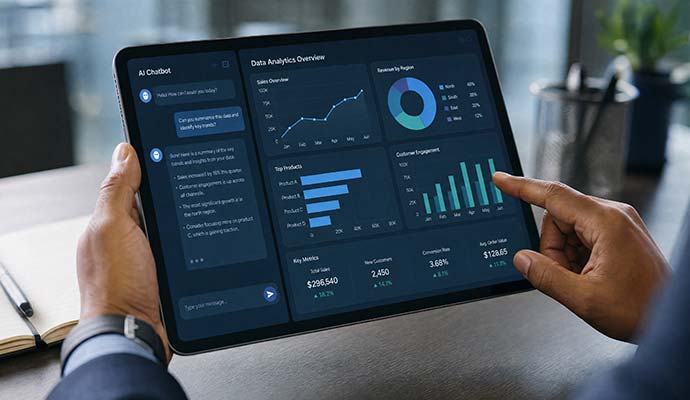 Tablet displaying an analytics overview dashboard with business activity metrics and graphs