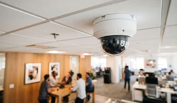 Dome security camera mounted on the ceiling in an open office