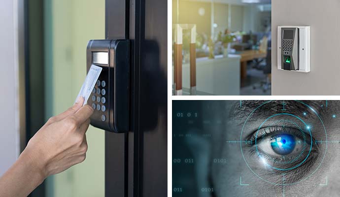 Collage of access control keycard, biometric fingerprint, and retina recognition
