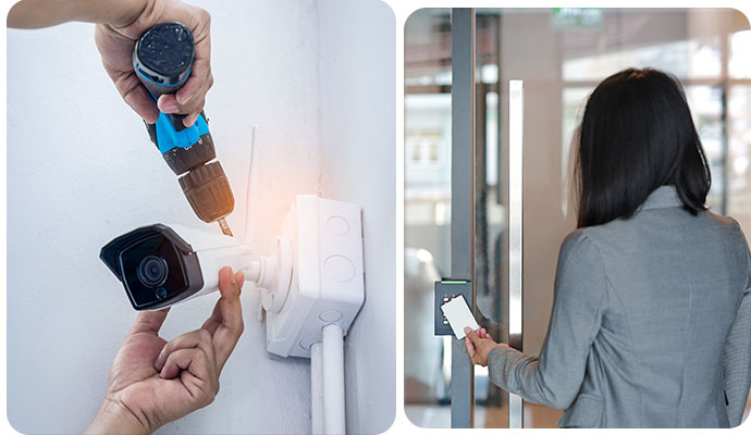 Collage of bullet camera installation and card access control system
