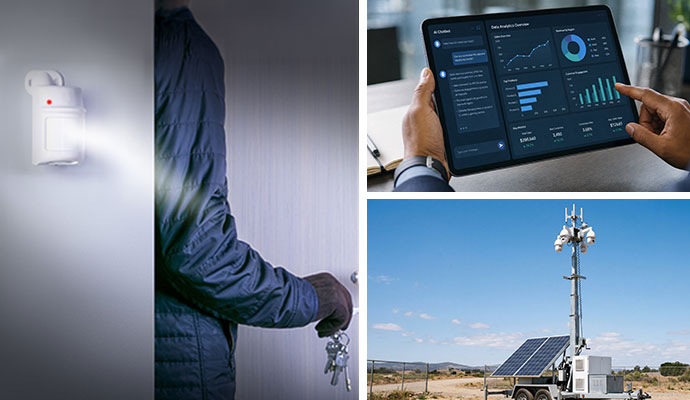 Collage of burglary detection system, smart business reporting system and mobile surveillance unit