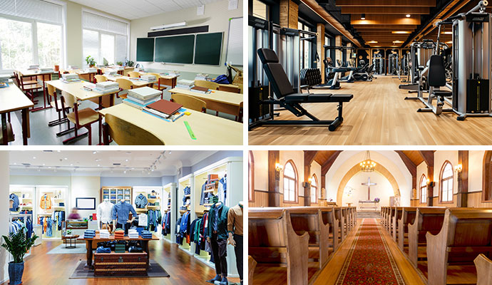 Collage of classroom, gym, clothing store and church