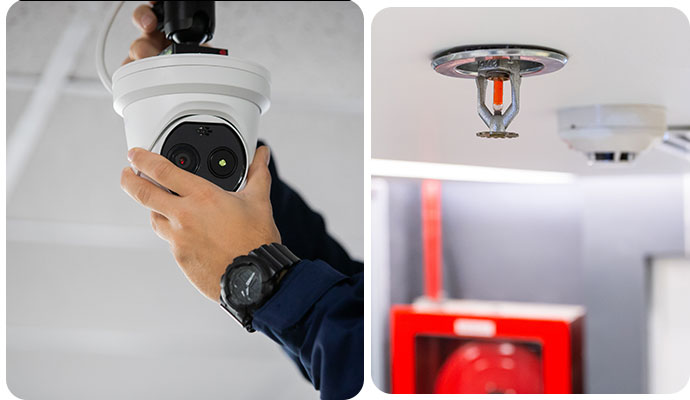 Collage of dome camera installation and fire sprinkler