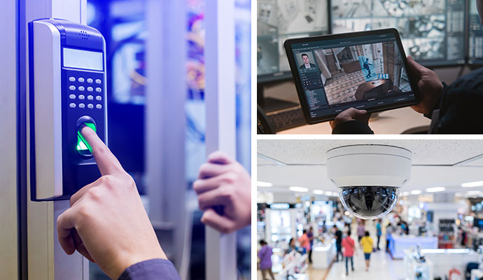 Collage of fingerprint scanner, business security monitoring and retail with installed dome camera