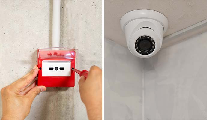 Collage of fire alarm pull station installation and dome security camera