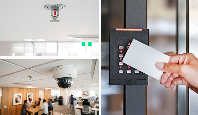Collage of home security monitoring, installed security camera for business security and card access control system