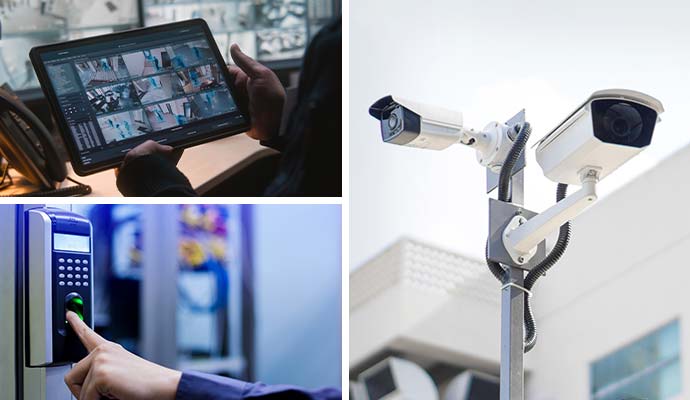Collage of monitoring tablet, access control, and surveillance cameras