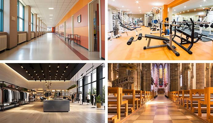 Collage of school hallway, fitness center, retail store, and church