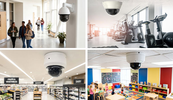 Collage of security cameras in school, gym, store and classroom