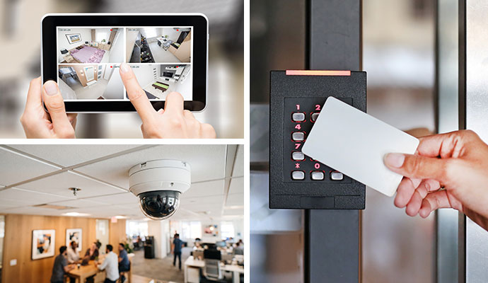 Collage of home security monitoring, installed security camera for business security and card access control system