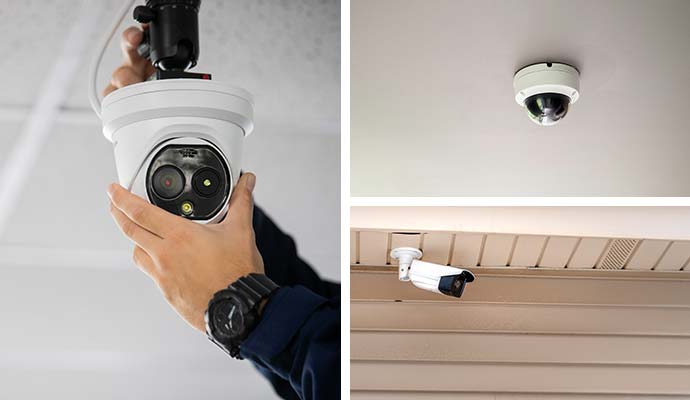 Collage of technician installing camera, indoor ceiling camera, and outdoor bullet camera