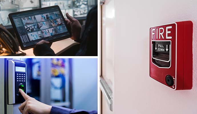 Collage of video monitoring tablet, biometric access control, and fire alarm system