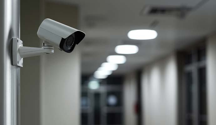Commercial bullet security camera mounted on a pillar in an office hallway