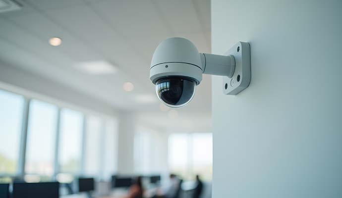 Commercial dome security camera mounted on a wall in an office environment