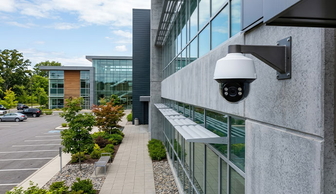 Dome security camera on commercial office building exterior