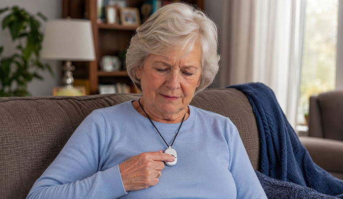 Elderly woman pressing medical alert pendant on sofa