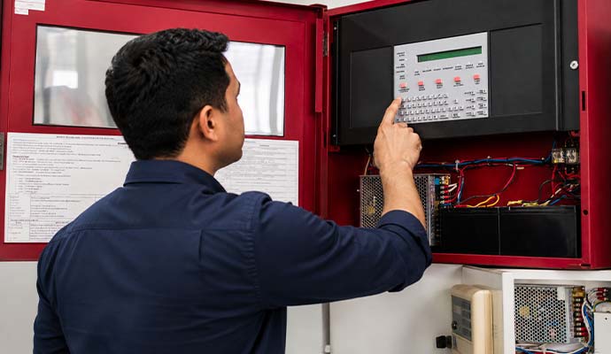 Open fire alarm system control panel displaying electronic circuit boards and pull station components
