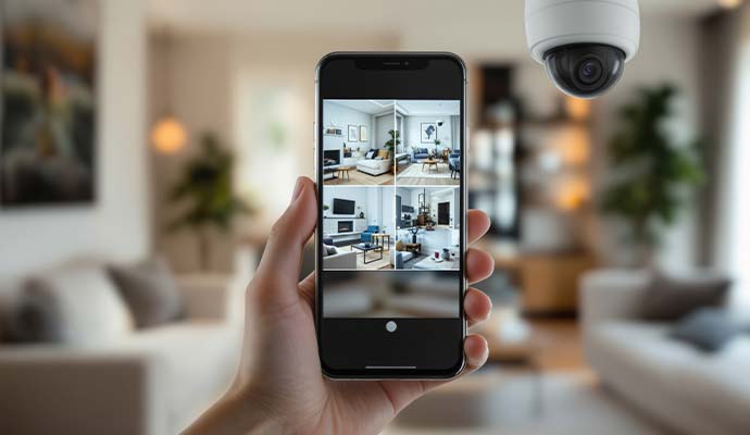 Hand holding a smartphone displaying multi-room home security camera feeds