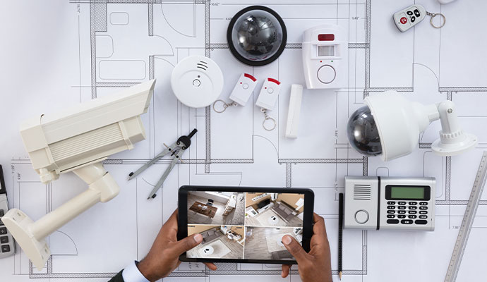 Hands holding tablet with security devices on blueprint
