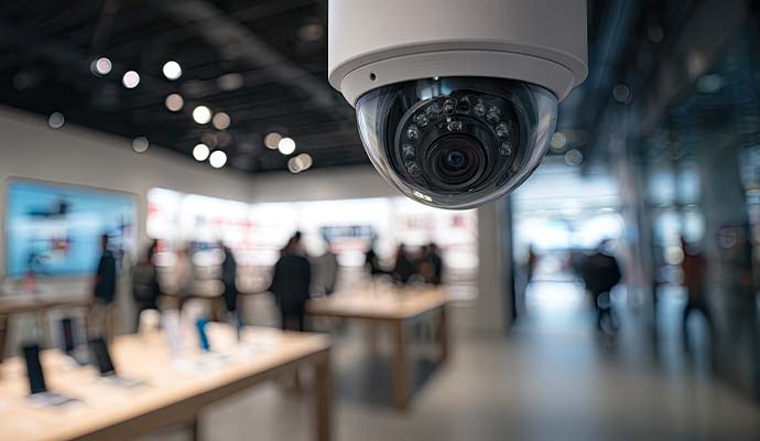 Ceiling dome security camera monitoring a modern retail store interior