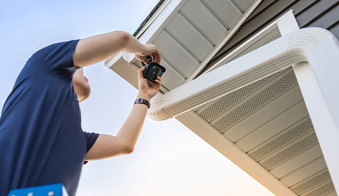Man installing black security camera under house eaves
