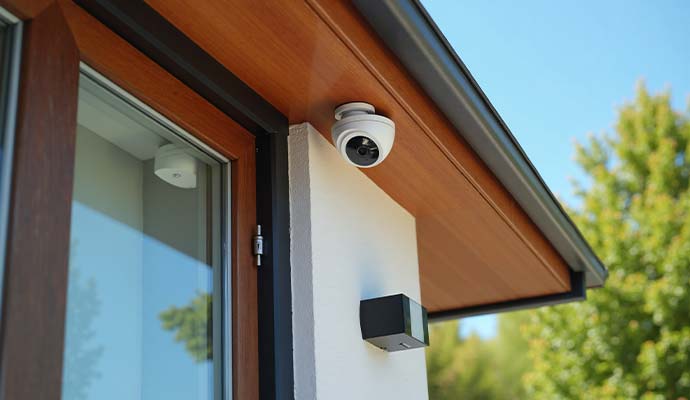 Outdoor dome security camera installed under the wooden eaves of a building