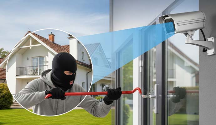 Outdoor security camera detecting a masked burglar attempting forced entry with a crowbar