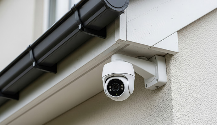 Outdoor white dome security camera on stucco wall