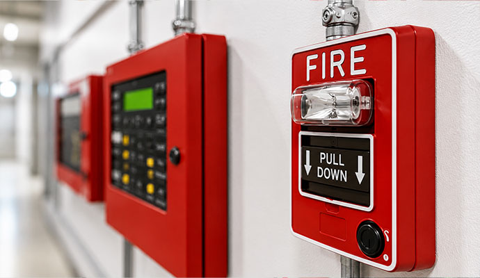 Red fire pull station and control panels in hallway