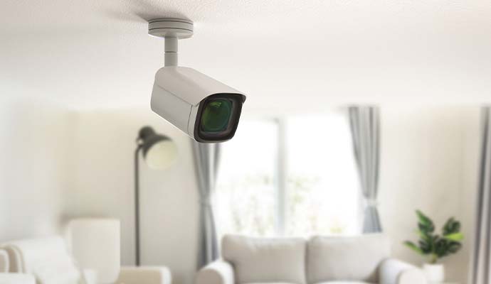 Modern white indoor security camera mounted on a residential living room ceiling