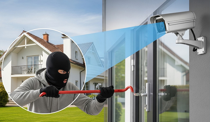 Security camera monitoring burglar with crowbar