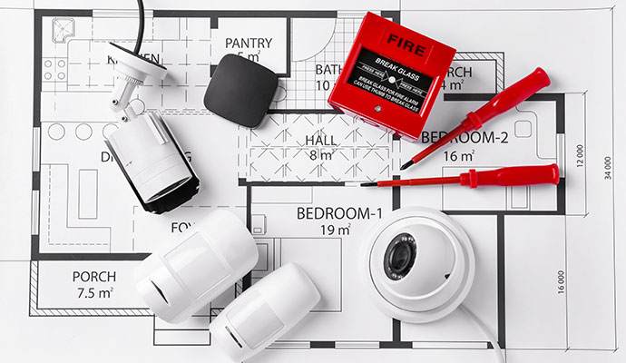 Security cameras sensors and fire alarm on floor plan