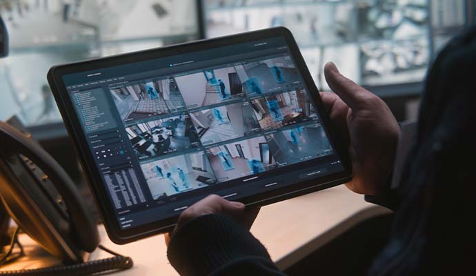 Security operator holding a tablet displaying live multi-camera commercial surveillance feeds
