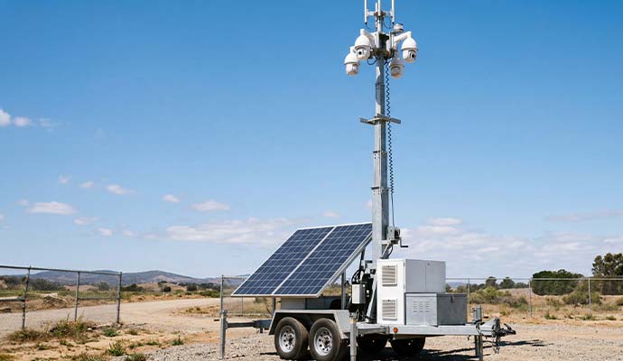 Solar-powered mobile surveillance unit trailer with security cameras on an elevated mast