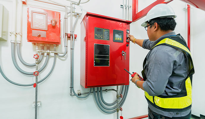 Technician adjusting red fire control panel with walkie talkie