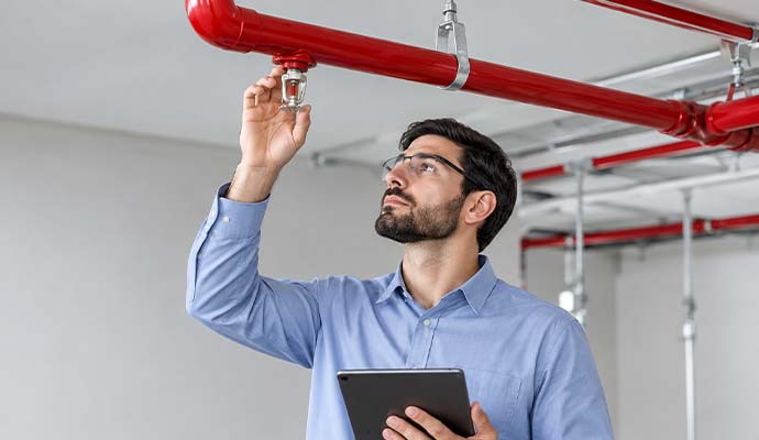 Technician with tablet inspecting overhead commercial fire sprinkler pipes and sprinkler head