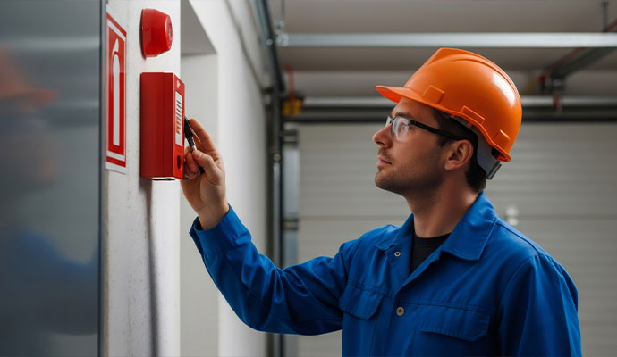 Technician inspecting red fire alarm box and bell