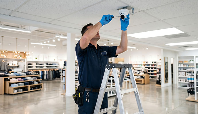 Technician installing dome security camera in retail store