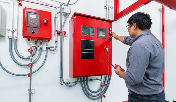 Technician with two-way radio operating a commercial fire alarm control panel