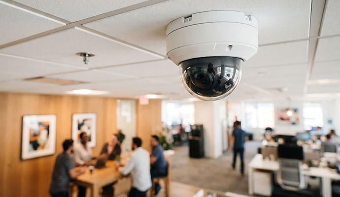 White dome camera overlooking open office