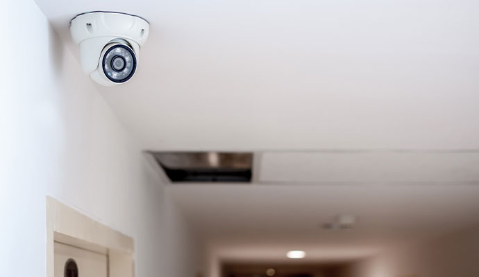 White dome security camera on hallway ceiling