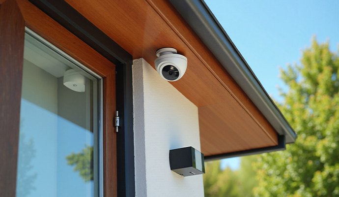 White dome security camera under wooden house eaves