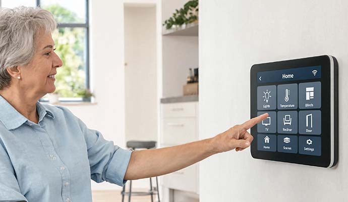 Woman using a wall-mounted smart home touchscreen control panel