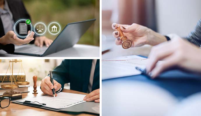 Collage of specialized notary services including remote online notarization, apostille, and mobile notary.