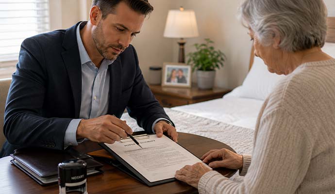 Urgent mobile notary reviewing senior's documents