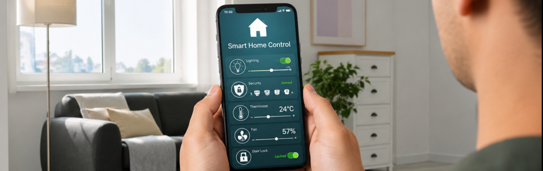 A man holding a smartphone displaying a smart home control application interface