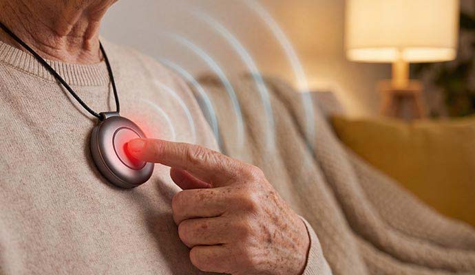 A senior citizen pressing button on a medical alert pendant necklace