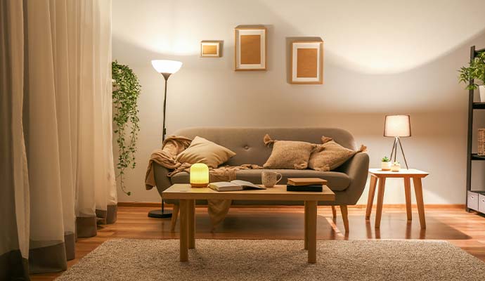 A warm and cozy living room with smart lighting