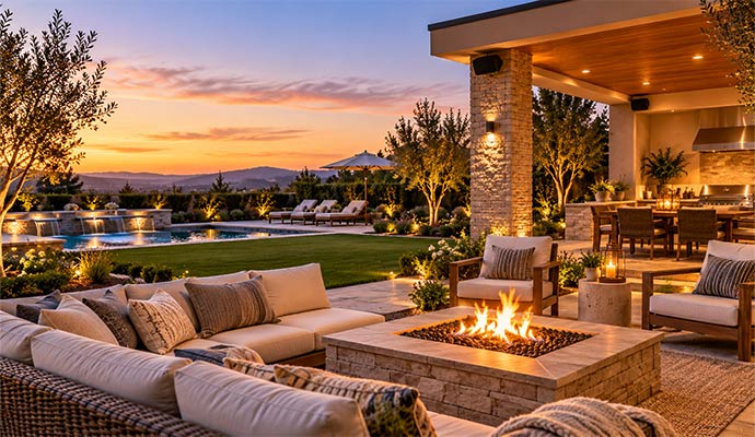 Backyard patio with fire pit lounge and mounted speakers